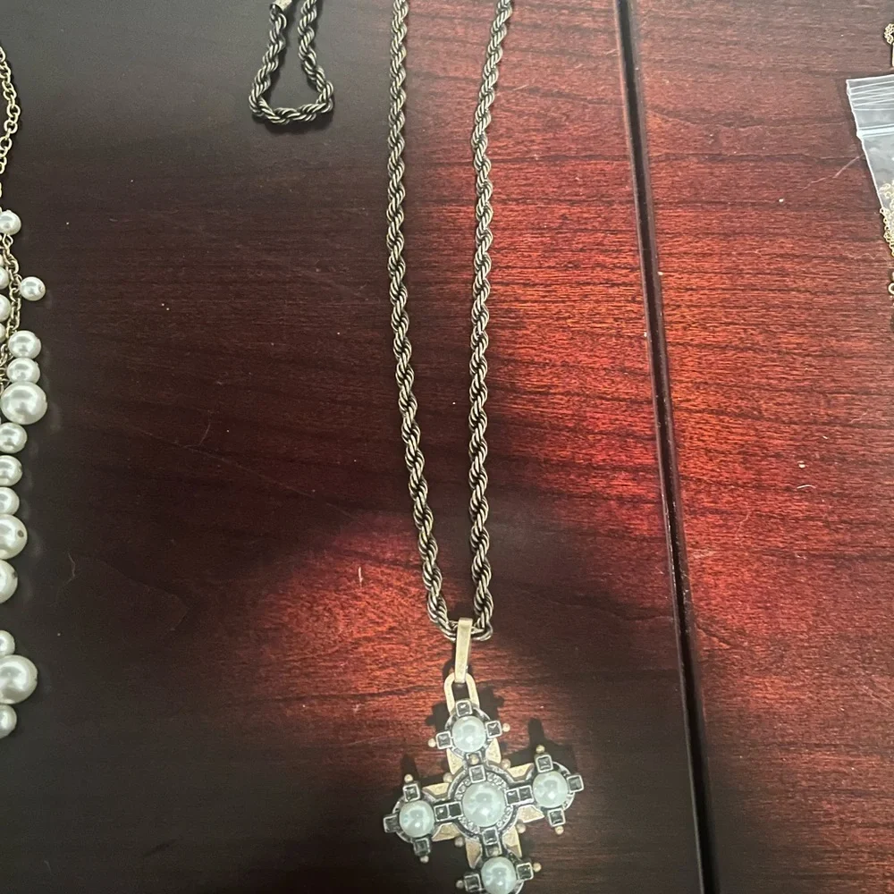CAbi Gold-Tone Braided Rope Necklace with Pearl Cross Pendant